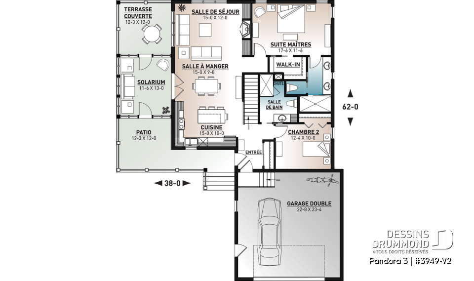 Rez-de-chaussée - Plan de plain-pied en rez-de-jardin, 4 chambres, salle de jeux, foyer, suite des parents, garage double - Pandora 3