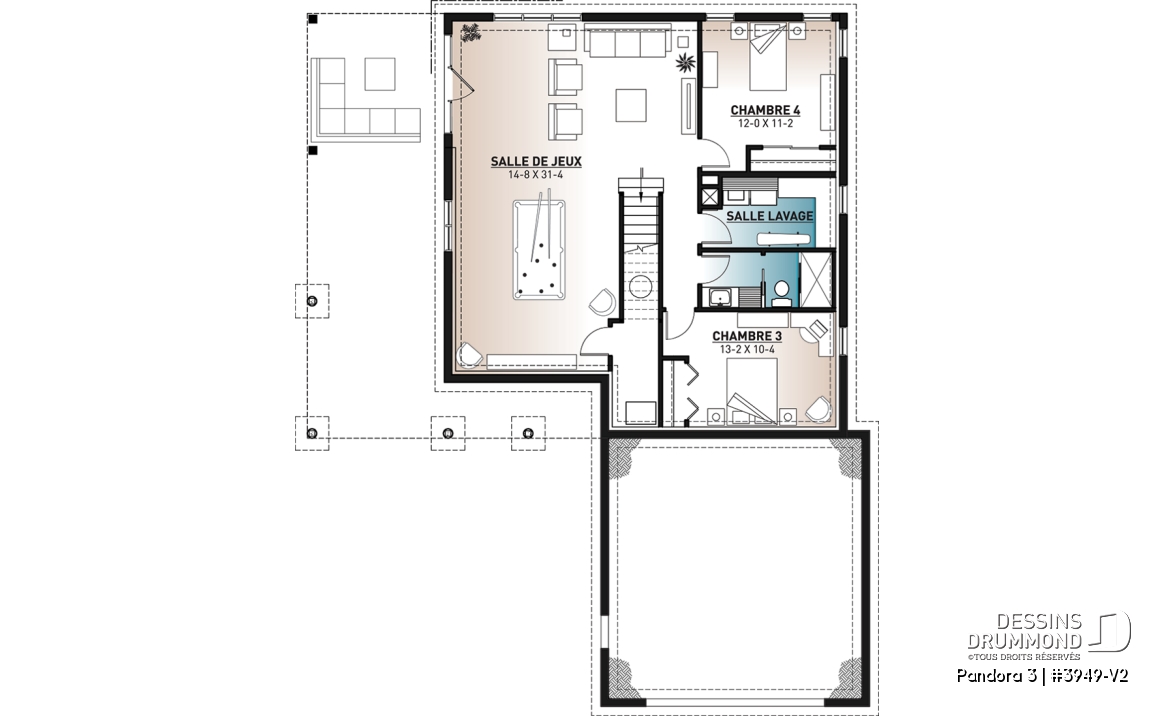 Sous-sol - Plan de plain-pied en rez-de-jardin, 4 chambres, salle de jeux, foyer, suite des parents, garage double - Pandora 3
