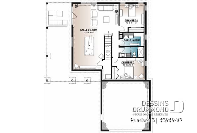 Sous-sol - Plan de plain-pied en rez-de-jardin, 4 chambres, salle de jeux, foyer, suite des parents, garage double - Pandora 3