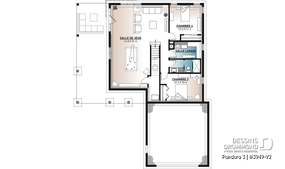 Sous-sol - Plan de plain-pied en rez-de-jardin, 4 chambres, salle de jeux, foyer, suite des parents, garage double - Pandora 3