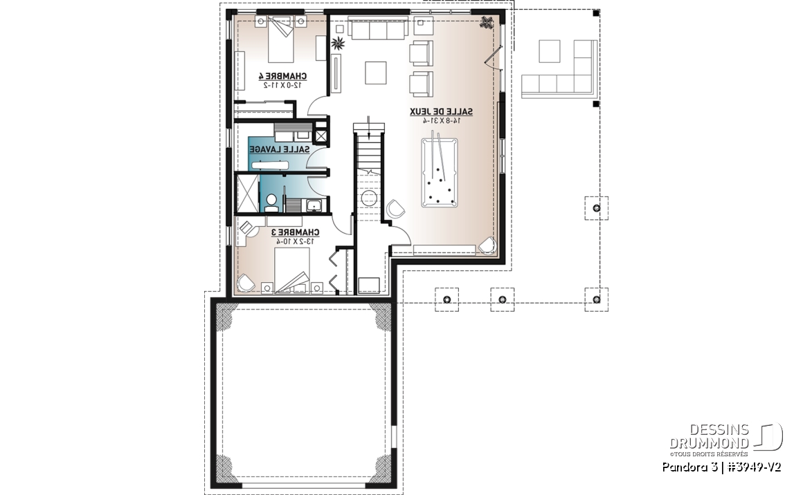 Sous-sol - Plan de plain-pied en rez-de-jardin, 4 chambres, salle de jeux, foyer, suite des parents, garage double - Pandora 3