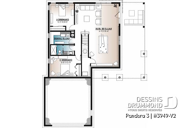 Sous-sol - Plan de plain-pied en rez-de-jardin, 4 chambres, salle de jeux, foyer, suite des parents, garage double - Pandora 3