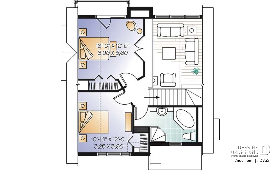 Étage - Plan de maison genre chalet de ski moderne rustique, 2 à 4 chambres, vue arrière panoramique - Chaumont 