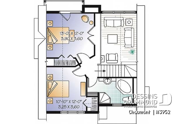 Étage - Plan de maison genre chalet de ski moderne rustique, 2 à 4 chambres, vue arrière panoramique - Chaumont 