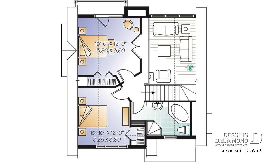 Étage - Plan de maison genre chalet de ski moderne rustique, 2 à 4 chambres, vue arrière panoramique - Chaumont 