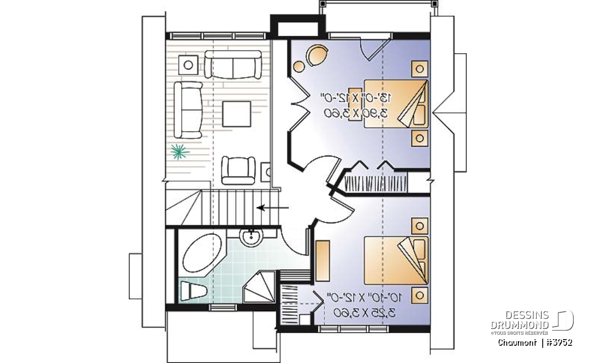 Étage - Plan de maison genre chalet de ski moderne rustique, 2 à 4 chambres, vue arrière panoramique - Chaumont 