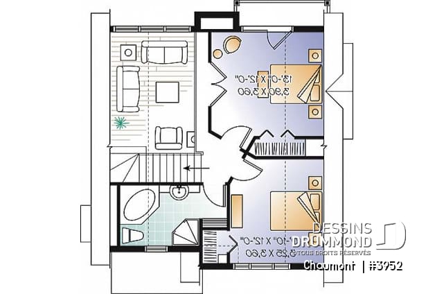 Étage - Plan de maison genre chalet de ski moderne rustique, 2 à 4 chambres, vue arrière panoramique - Chaumont 