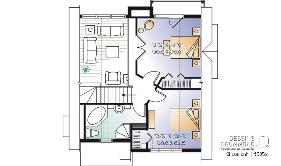 Étage - Plan de maison genre chalet de ski moderne rustique, 2 à 4 chambres, vue arrière panoramique - Chaumont 