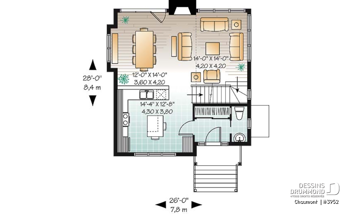Rez-de-chaussée - Plan de maison genre chalet de ski moderne rustique, 2 à 4 chambres, vue arrière panoramique - Chaumont 