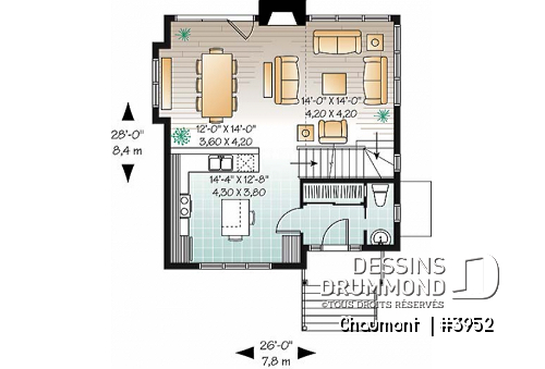 Rez-de-chaussée - Plan de maison genre chalet de ski moderne rustique, 2 à 4 chambres, vue arrière panoramique - Chaumont 