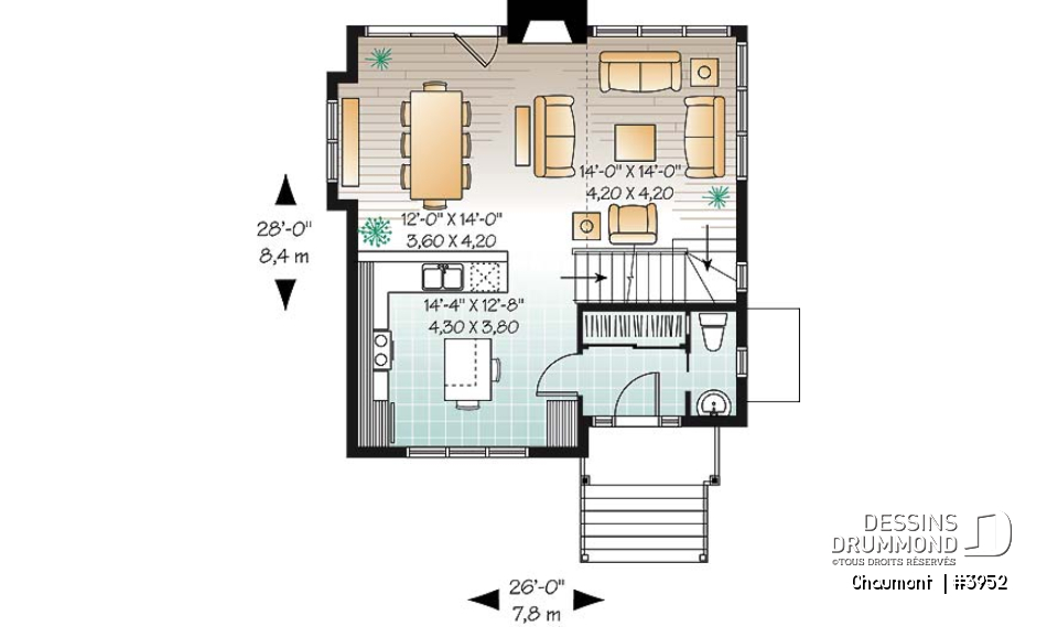 Rez-de-chaussée - Plan de maison genre chalet de ski moderne rustique, 2 à 4 chambres, vue arrière panoramique - Chaumont 