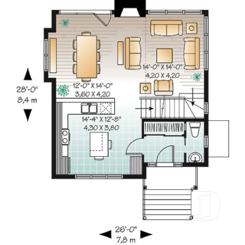 Rez-de-chaussée - Plan de maison genre chalet de ski moderne rustique, 2 à 4 chambres, vue arrière panoramique - Chaumont 