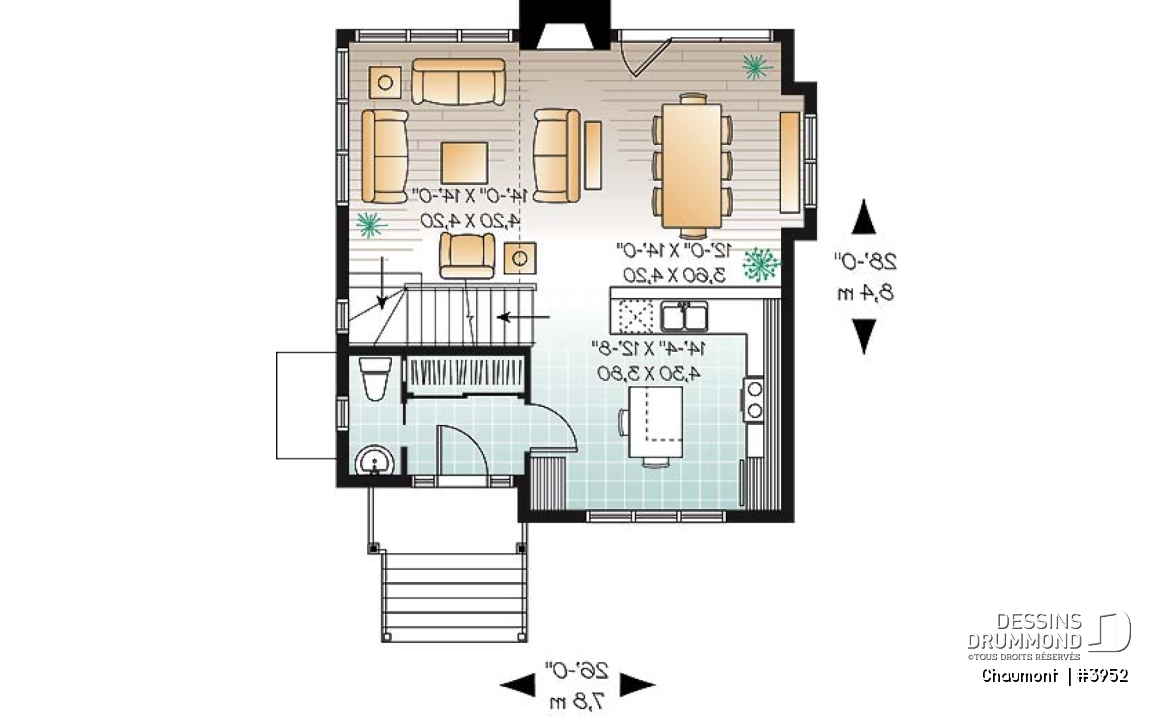 Rez-de-chaussée - Plan de maison genre chalet de ski moderne rustique, 2 à 4 chambres, vue arrière panoramique - Chaumont 