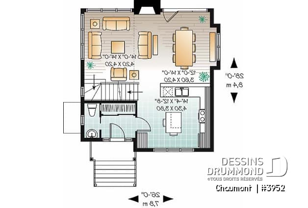 Rez-de-chaussée - Plan de maison genre chalet de ski moderne rustique, 2 à 4 chambres, vue arrière panoramique - Chaumont 