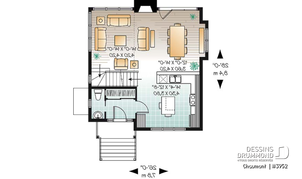 Rez-de-chaussée - Plan de maison genre chalet de ski moderne rustique, 2 à 4 chambres, vue arrière panoramique - Chaumont 