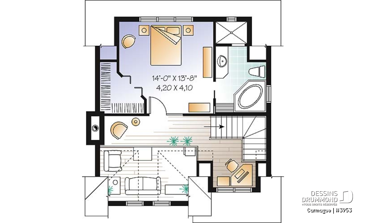 Étage - Plan de maison genre chalet de ski avec mezzanine, 1 à 3 chambres, cathédrale &amp; mezzanine - Carmague