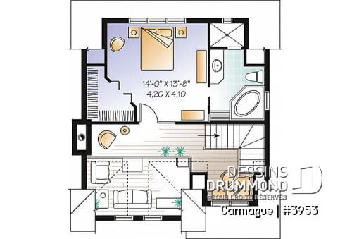 Étage - Plan de maison genre chalet de ski avec mezzanine, 1 à 3 chambres, cathédral & mezzanine - Carmague