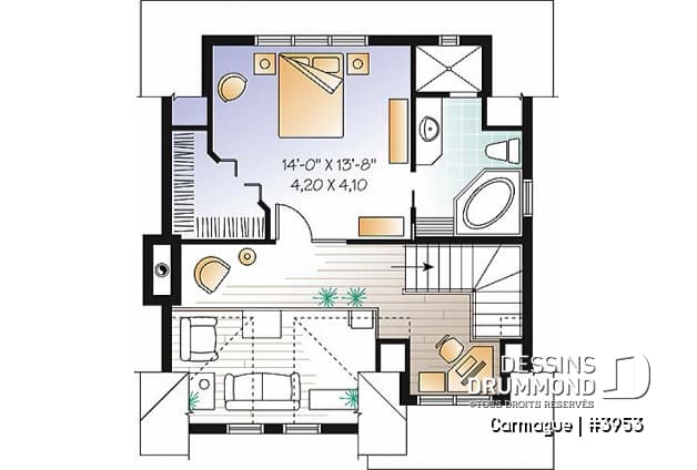 Étage - Plan de maison genre chalet de ski avec mezzanine, 1 à 3 chambres, cathédral & mezzanine - Carmague
