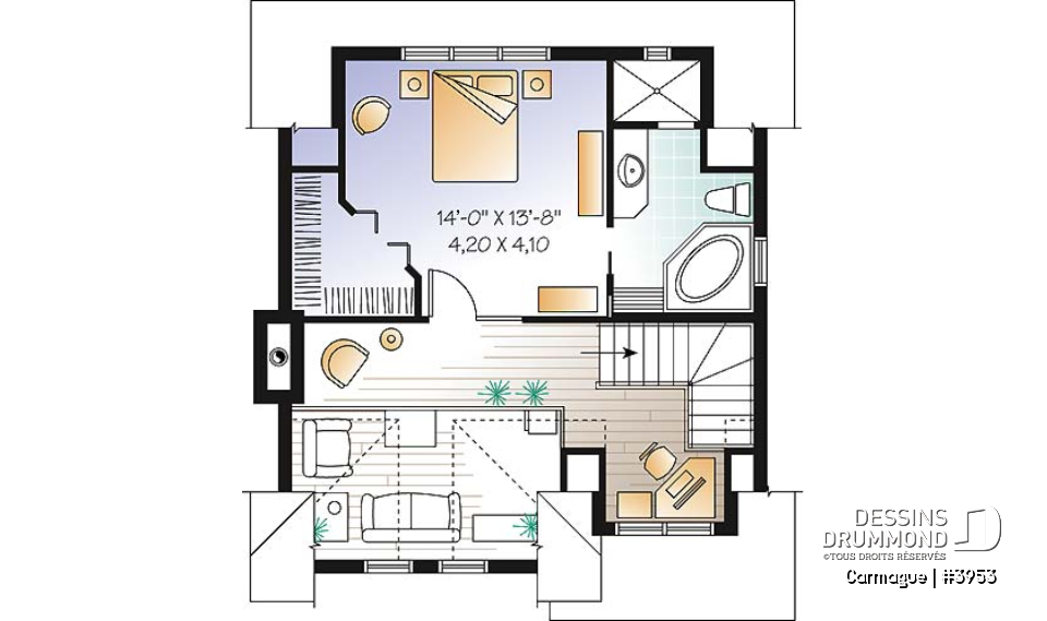 Étage - Plan de maison genre chalet de ski avec mezzanine, 1 à 3 chambres, cathédrale &amp; mezzanine - Carmague