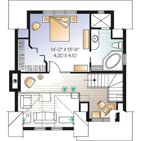 Étage - Plan de maison genre chalet de ski avec mezzanine, 1 à 3 chambres, cathédrale & mezzanine - Carmague