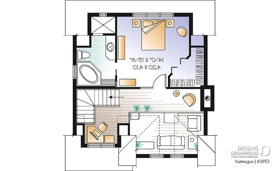 Étage - Plan de maison genre chalet de ski avec mezzanine, 1 à 3 chambres, cathédrale &amp; mezzanine - Carmague