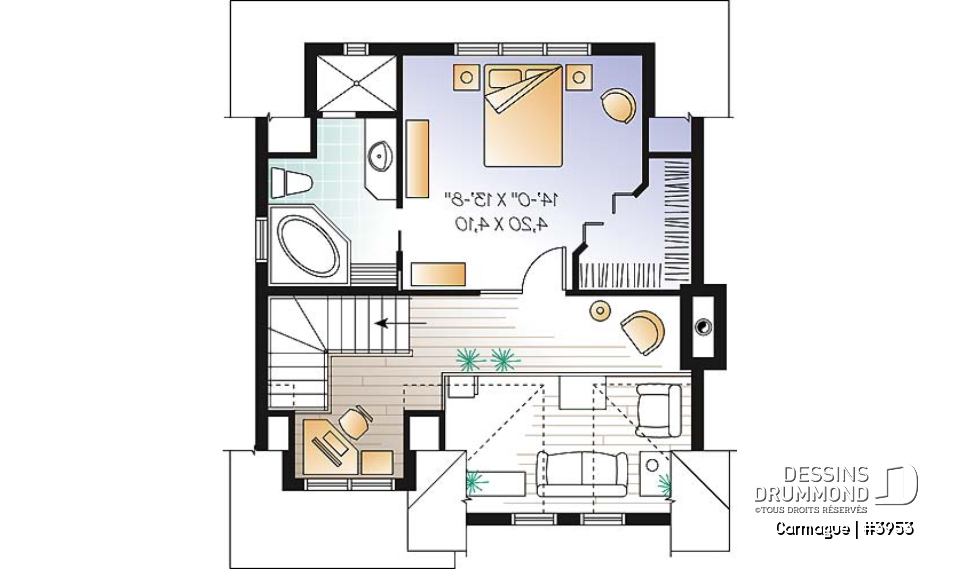 Étage - Plan de maison genre chalet de ski avec mezzanine, 1 à 3 chambres, cathédrale &amp; mezzanine - Carmague