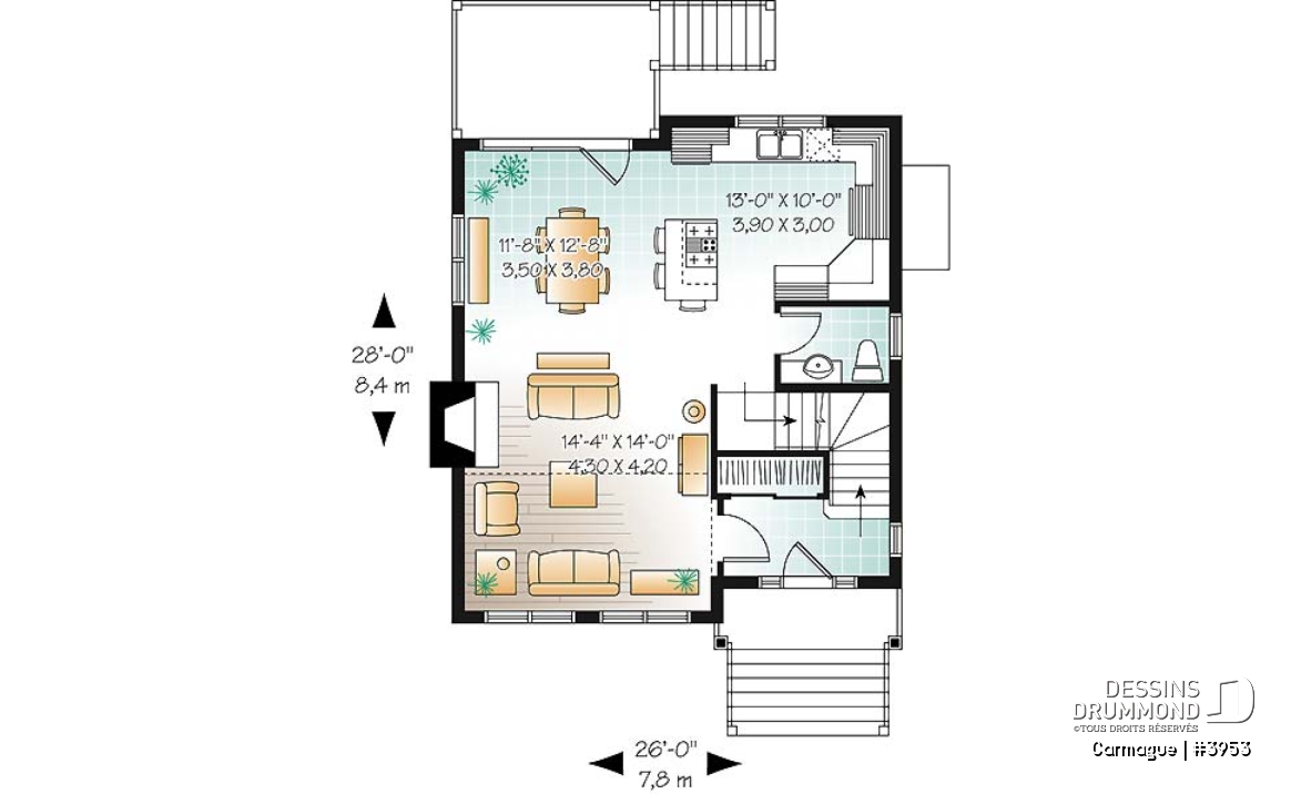Rez-de-chaussée - Plan de maison genre chalet de ski avec mezzanine, 1 à 3 chambres, cathédrale &amp; mezzanine - Carmague