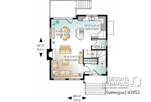 Rez-de-chaussée - Plan de maison genre chalet de ski avec mezzanine, 1 à 3 chambres, cathédral & mezzanine - Carmague