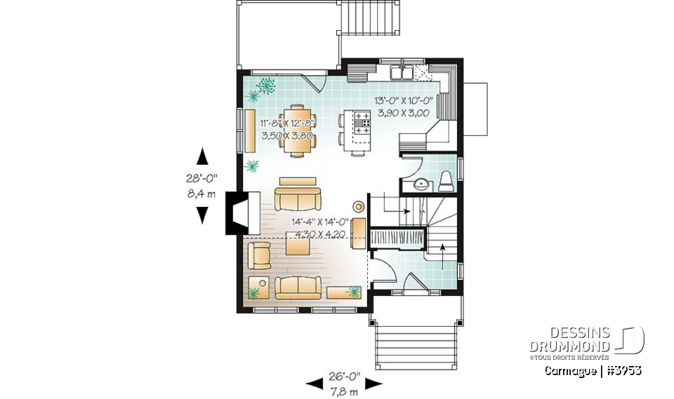 Rez-de-chaussée - Plan de maison genre chalet de ski avec mezzanine, 1 à 3 chambres, cathédrale &amp; mezzanine - Carmague
