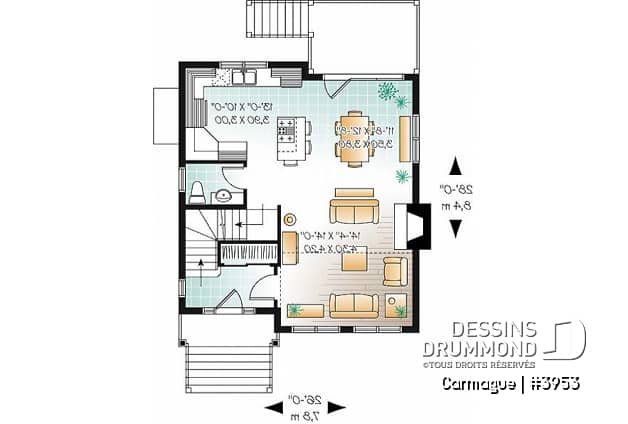 Rez-de-chaussée - Plan de maison genre chalet de ski avec mezzanine, 1 à 3 chambres, cathédral & mezzanine - Carmague