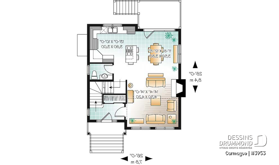Rez-de-chaussée - Plan de maison genre chalet de ski avec mezzanine, 1 à 3 chambres, cathédrale &amp; mezzanine - Carmague