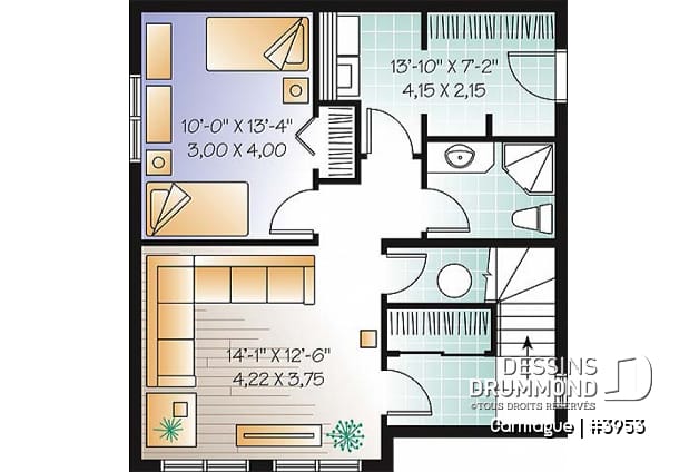 Sous-sol - Plan de maison genre chalet de ski avec mezzanine, 1 à 3 chambres, cathédral & mezzanine - Carmague