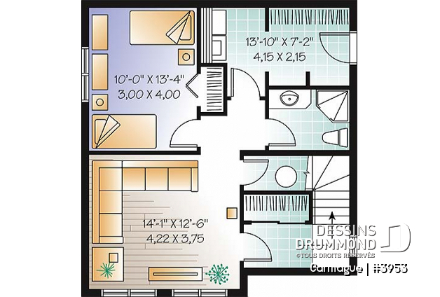 Sous-sol aménagé (Optionel $) - Plan de maison genre chalet de ski avec mezzanine, 1 à 3 chambres, cathédrale & mezzanine - Carmague