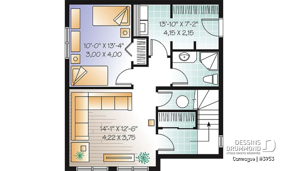 Sous-sol aménagé (Optionel $) - Plan de maison genre chalet de ski avec mezzanine, 1 à 3 chambres, cathédrale &amp; mezzanine - Carmague
