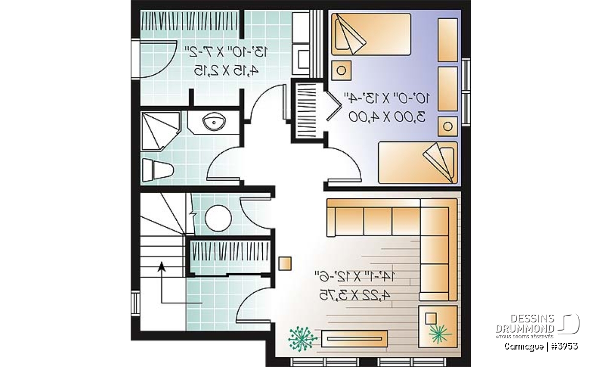 Sous-sol aménagé (Optionel $) - Plan de maison genre chalet de ski avec mezzanine, 1 à 3 chambres, cathédrale &amp; mezzanine - Carmague