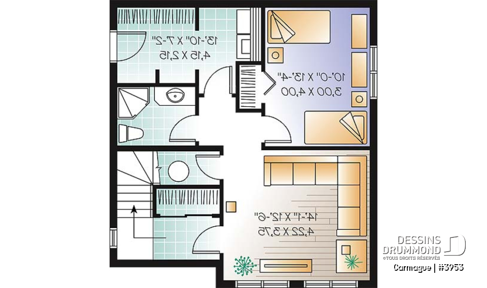 Sous-sol aménagé (Optionel $) - Plan de maison genre chalet de ski avec mezzanine, 1 à 3 chambres, cathédrale &amp; mezzanine - Carmague