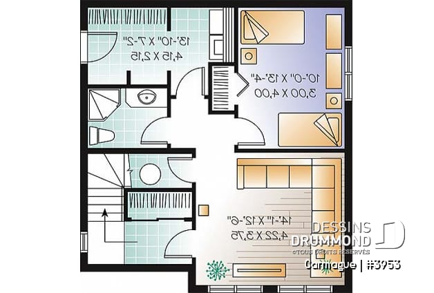 Sous-sol - Plan de maison genre chalet de ski avec mezzanine, 1 à 3 chambres, cathédral & mezzanine - Carmague