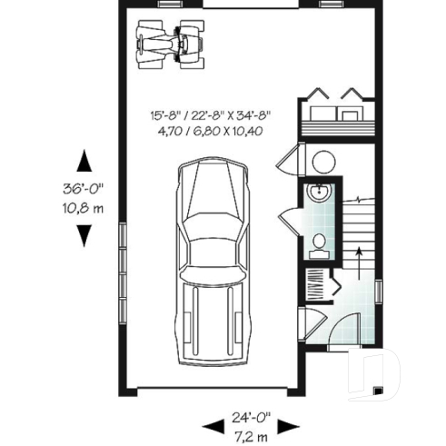 Rez-de-chaussée - Plan de grand garage simple + atelier, logement 2 chambres à l'étage, aire ouverte, beaucoup de rangement - Ozias 2