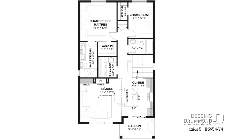 Étage - Plan avec logement de 2 chambres à l’étage et garage tandem pour 2 voitures, pour un terrain étroit avec vue. - Ozias 5