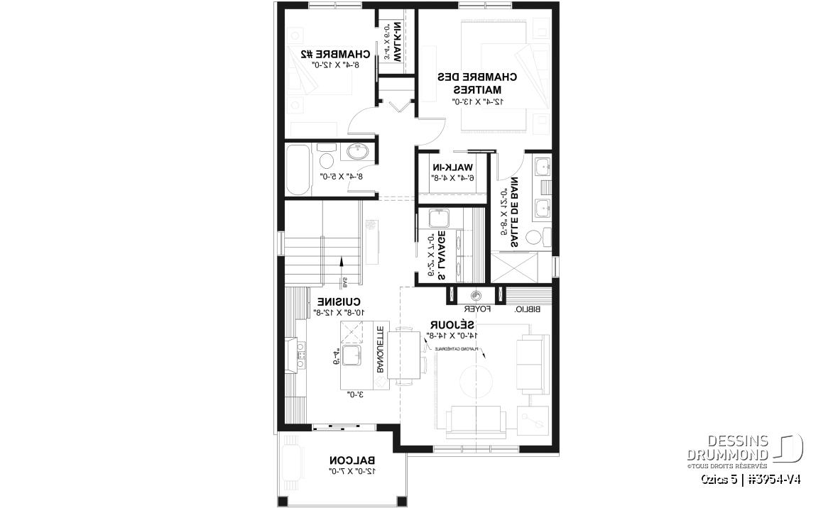 Étage - Plan avec logement de 2 chambres à l’étage et garage tandem pour 2 voitures, pour un terrain étroit avec vue. - Ozias 5