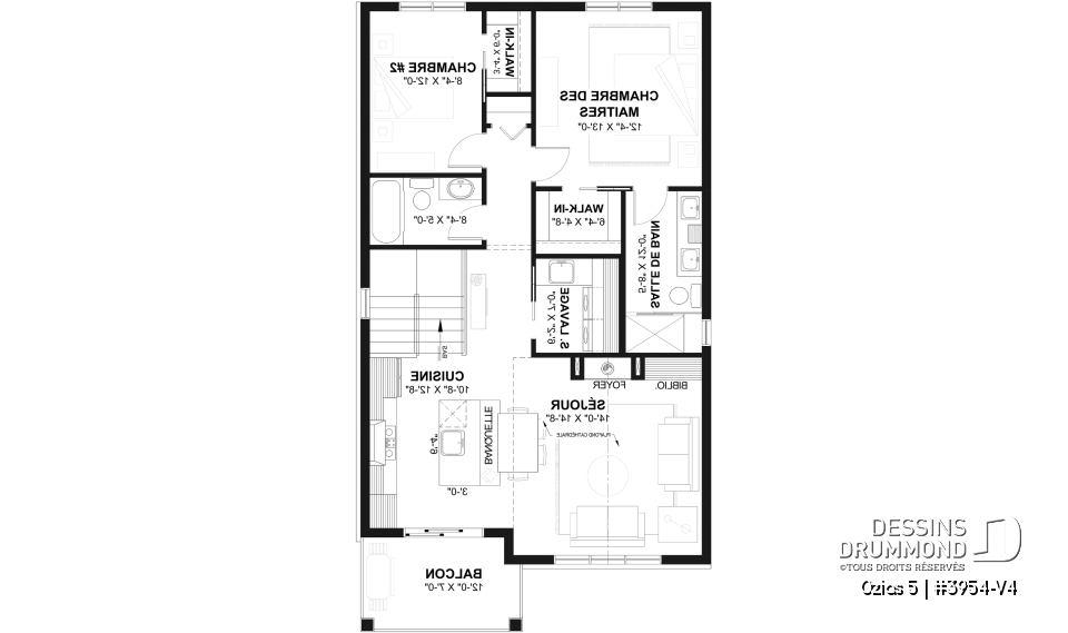 Étage - Plan avec logement de 2 chambres à l’étage et garage tandem pour 2 voitures, pour un terrain étroit avec vue. - Ozias 5