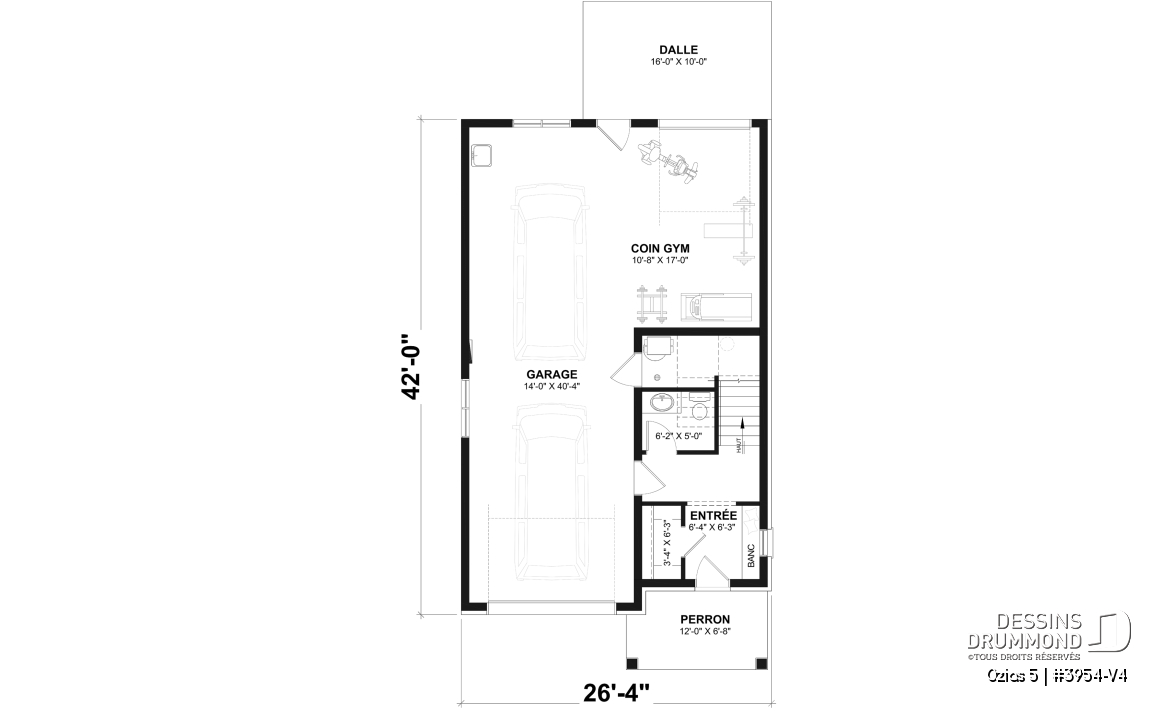 Rez-de-chaussée - Plan avec logement de 2 chambres à l’étage et garage tandem pour 2 voitures, pour un terrain étroit avec vue. - Ozias 5
