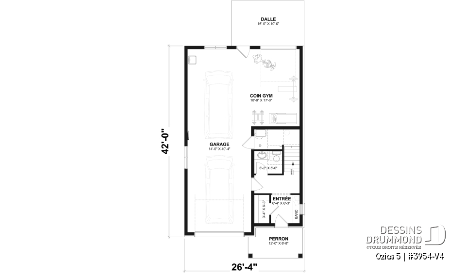 Rez-de-chaussée - Plan avec logement de 2 chambres à l’étage et garage tandem pour 2 voitures, pour un terrain étroit avec vue. - Ozias 5