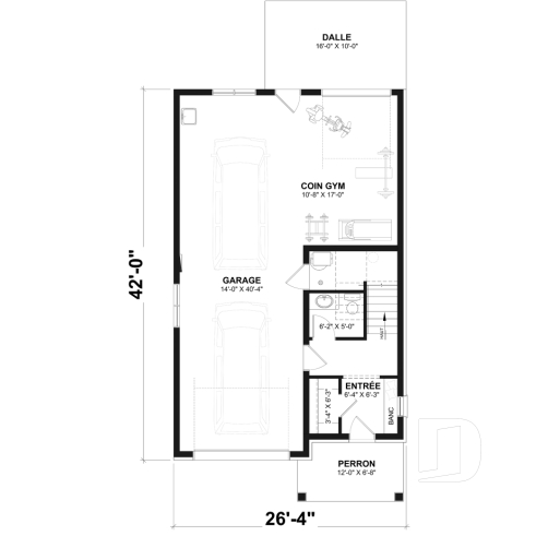 Rez-de-chaussée - Plan avec logement de 2 chambres à l’étage et garage tandem pour 2 voitures, pour un terrain étroit avec vue. - Ozias 5