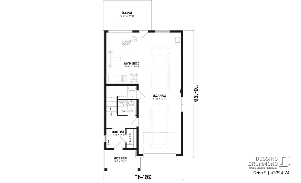 Rez-de-chaussée - Plan avec logement de 2 chambres à l’étage et garage tandem pour 2 voitures, pour un terrain étroit avec vue. - Ozias 5