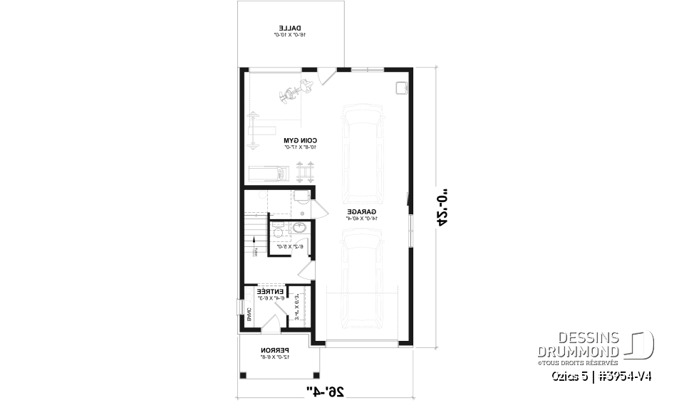 Rez-de-chaussée - Plan avec logement de 2 chambres à l’étage et garage tandem pour 2 voitures, pour un terrain étroit avec vue. - Ozias 5