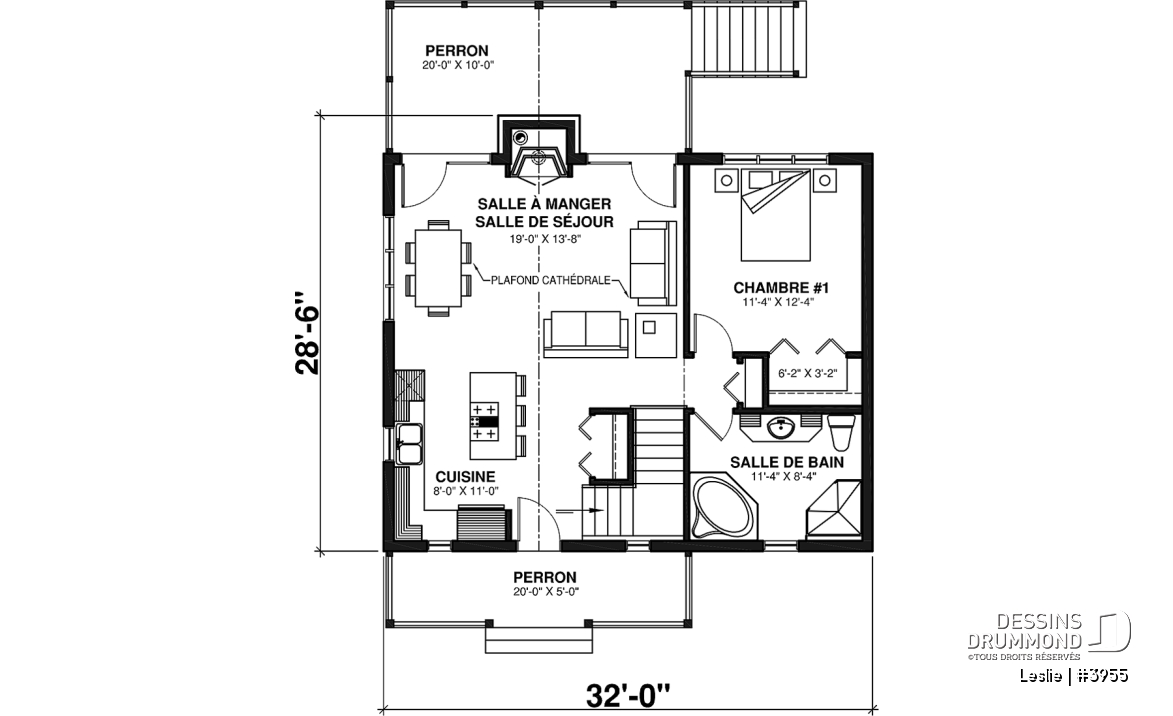 Rez-de-chaussée - Plan style chalet au bord de l'eau, 1 à 3+ chambres, foyer(s), 2 salles de séjour, balcon couvert - Leslie