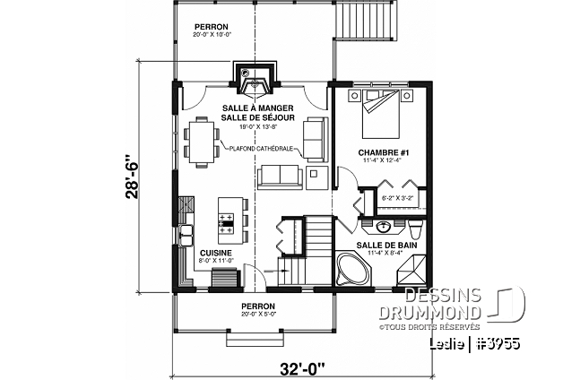 Rez-de-chaussée - Plan style chalet au bord de l'eau, 1 à 3+ chambres, foyer(s), 2 salles de séjour, balcon couvert - Leslie