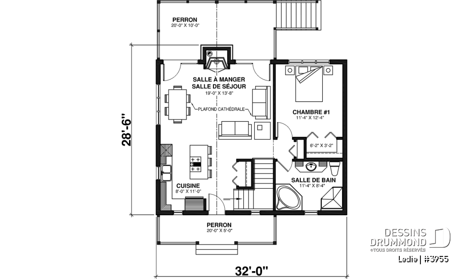 Rez-de-chaussée - Plan style chalet au bord de l'eau, 1 à 3+ chambres, foyer(s), 2 salles de séjour, balcon couvert - Leslie