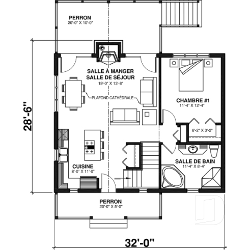Rez-de-chaussée - Plan style chalet au bord de l'eau, 1 à 3+ chambres, foyer(s), 2 salles de séjour, balcon couvert - Leslie